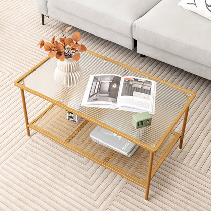 2-Tier Coffee Table with Shelf Tempered Glass Top-Golden