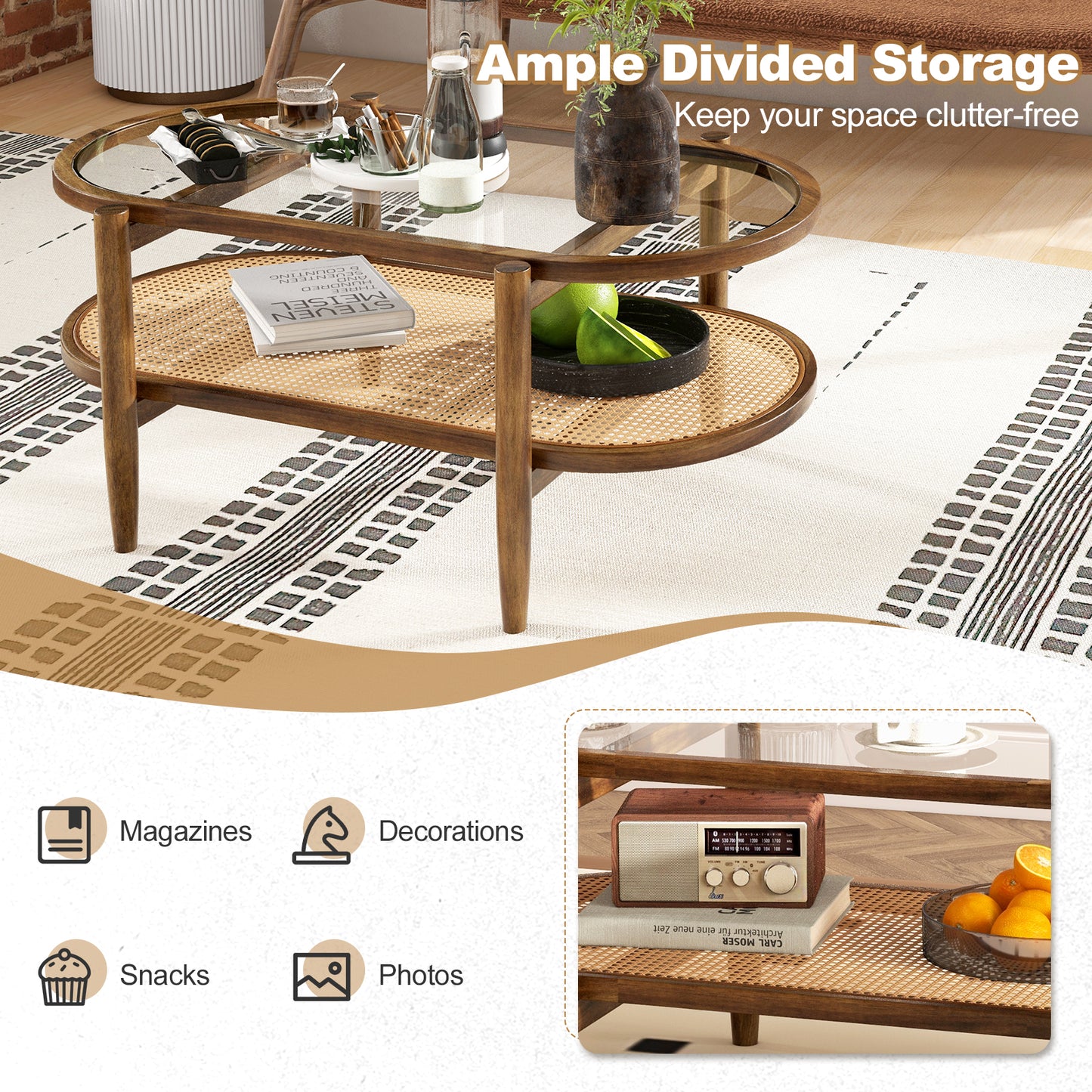 2-Tier PE Rattan Coffee Table with Storage