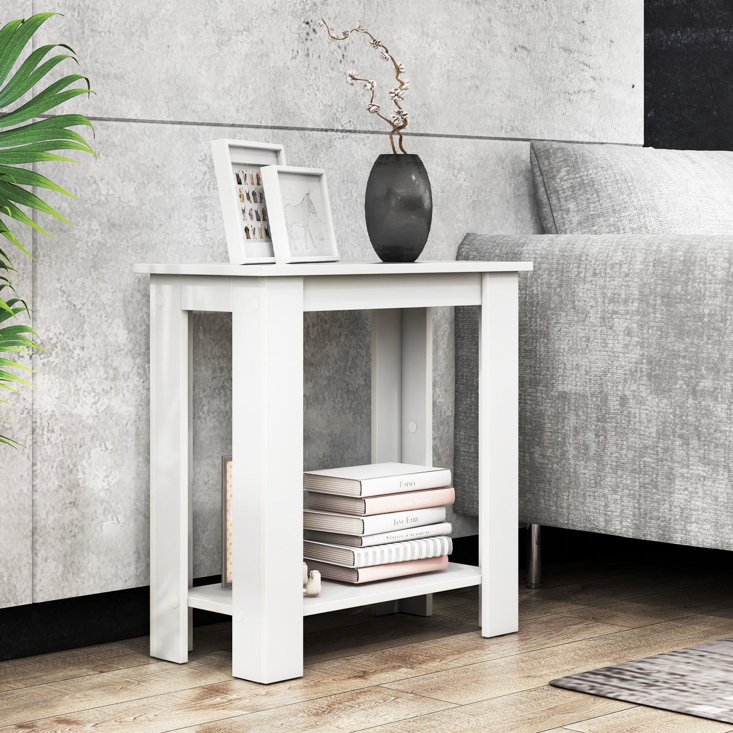2-Tier End Table with Storage Shelf for Small Spaces-White