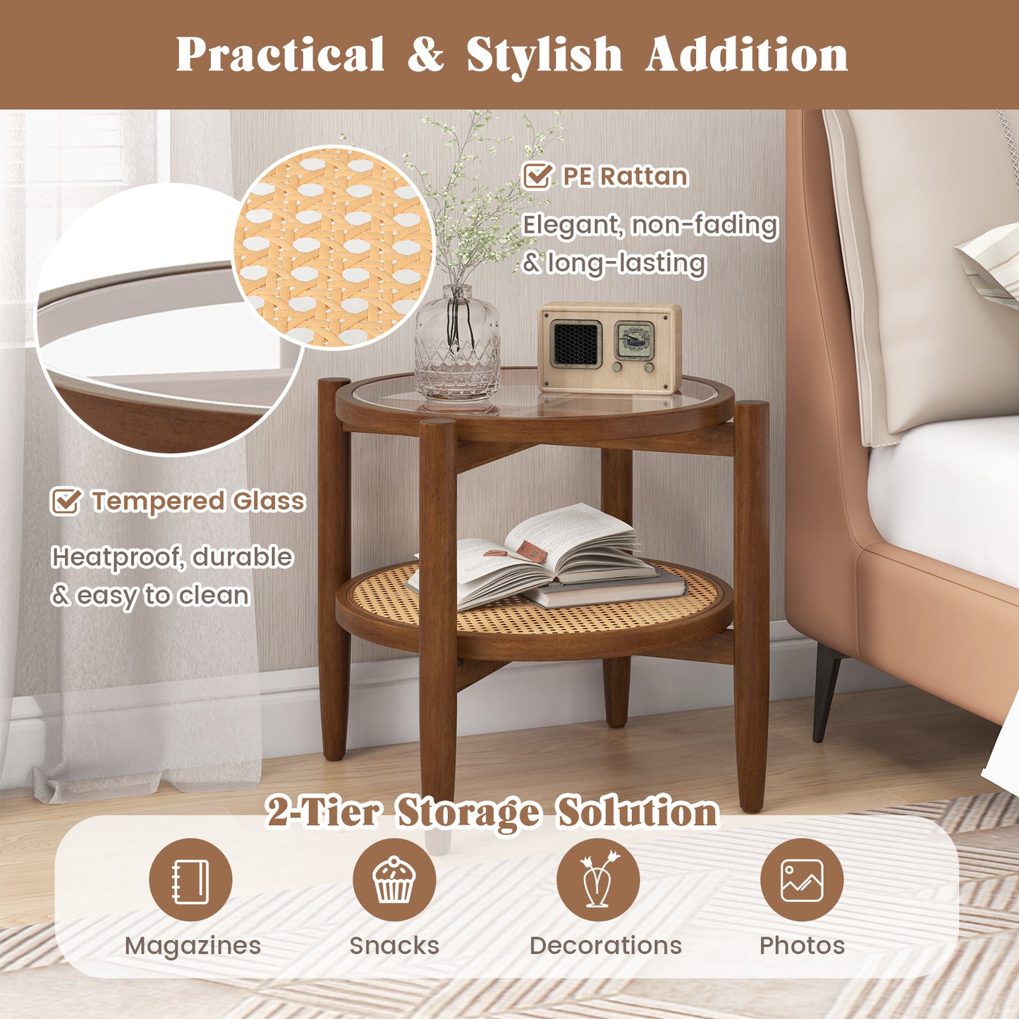2-Tier PE Rattan Round Side End Table with Tempered Glass Tabletop
