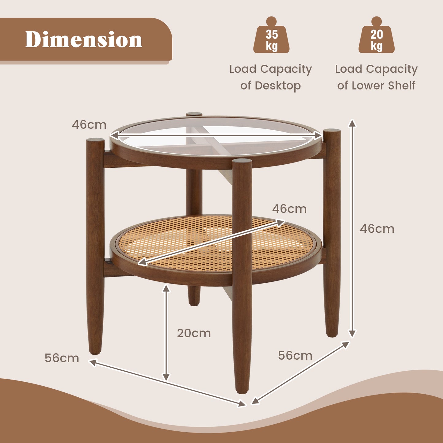 2-Tier PE Rattan Round Side End Table with Tempered Glass Tabletop