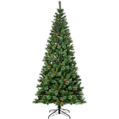 8ft Christmas Hinged Tree with Mixed Pine Needles, Cones, and Metal Stand