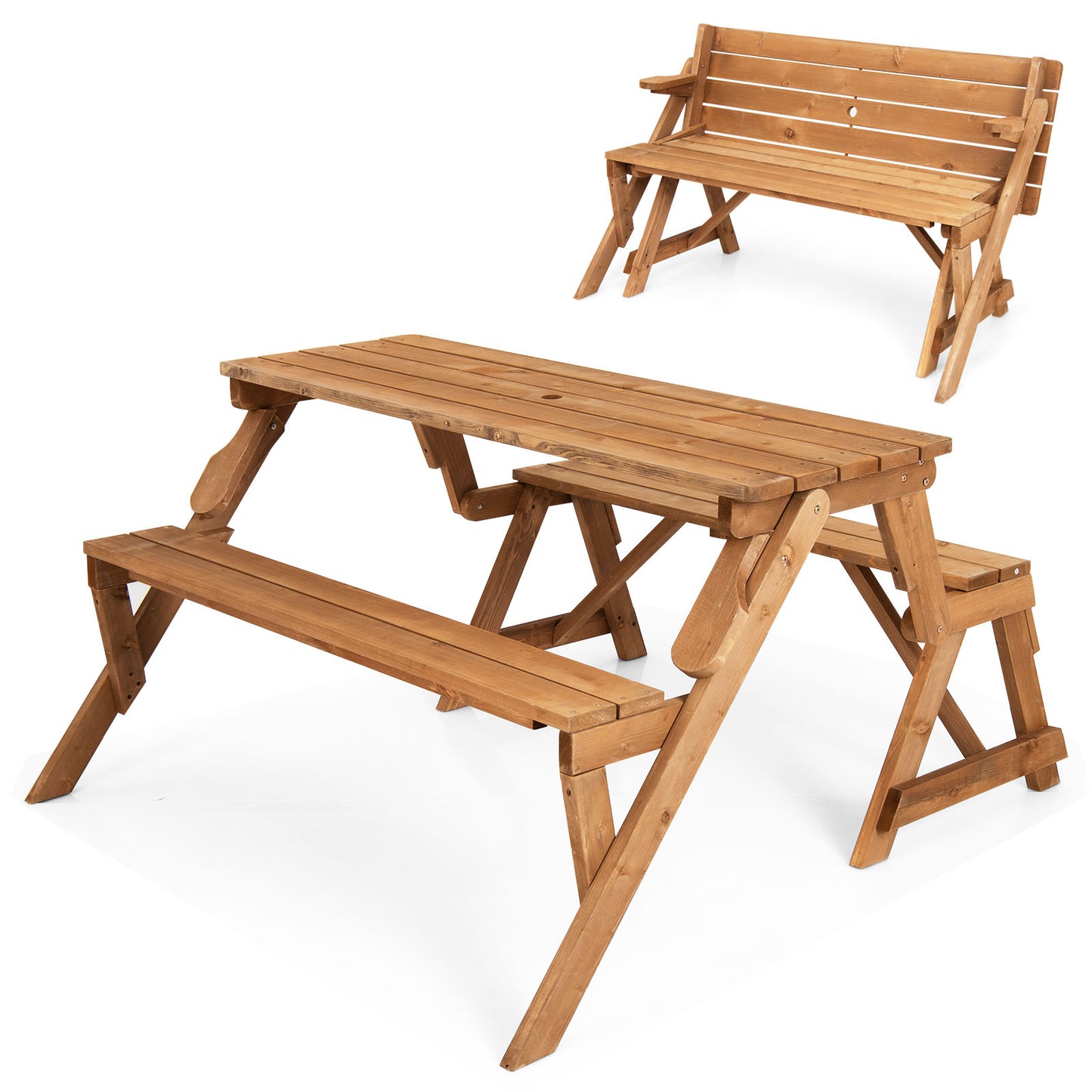 2-in-1 Convertible Picnic Table Set with Built-in Umbrella Hole-Brown