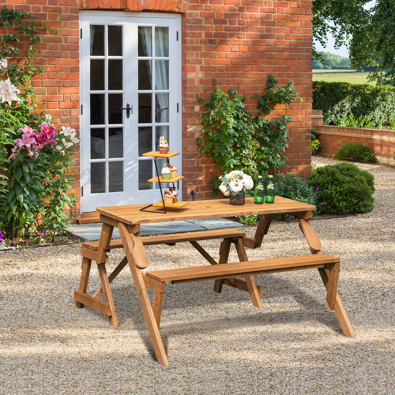 2-in-1 Convertible Picnic Table Set with Built-in Umbrella Hole-Brown