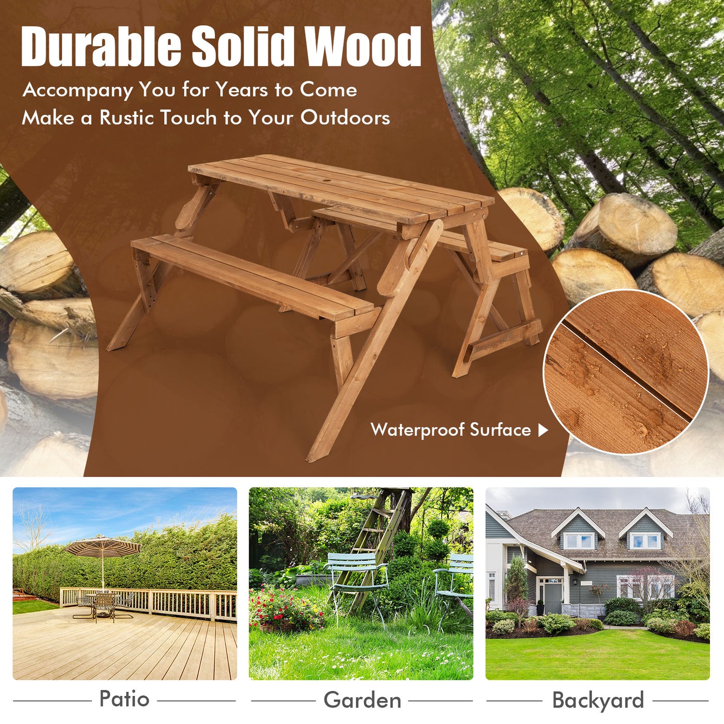 2-in-1 Convertible Picnic Table Set with Built-in Umbrella Hole-Brown