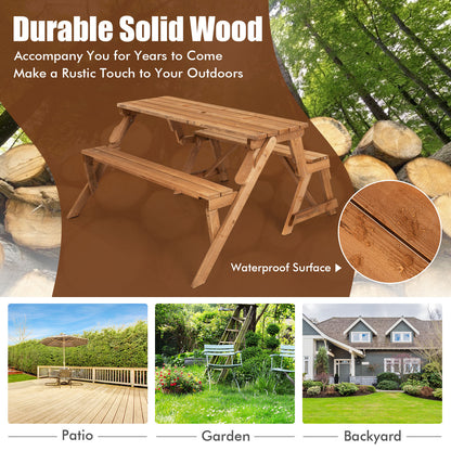 2-in-1 Convertible Picnic Table Set with Built-in Umbrella Hole-Brown