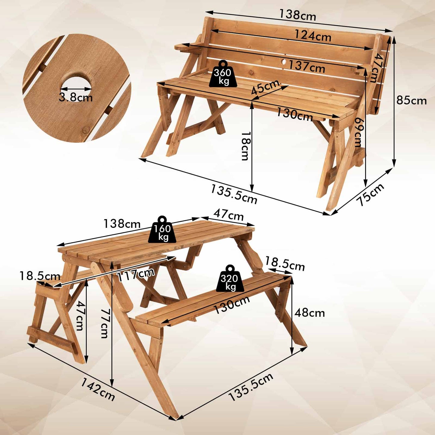 2-in-1 Convertible Picnic Table Set with Built-in Umbrella Hole-Brown
