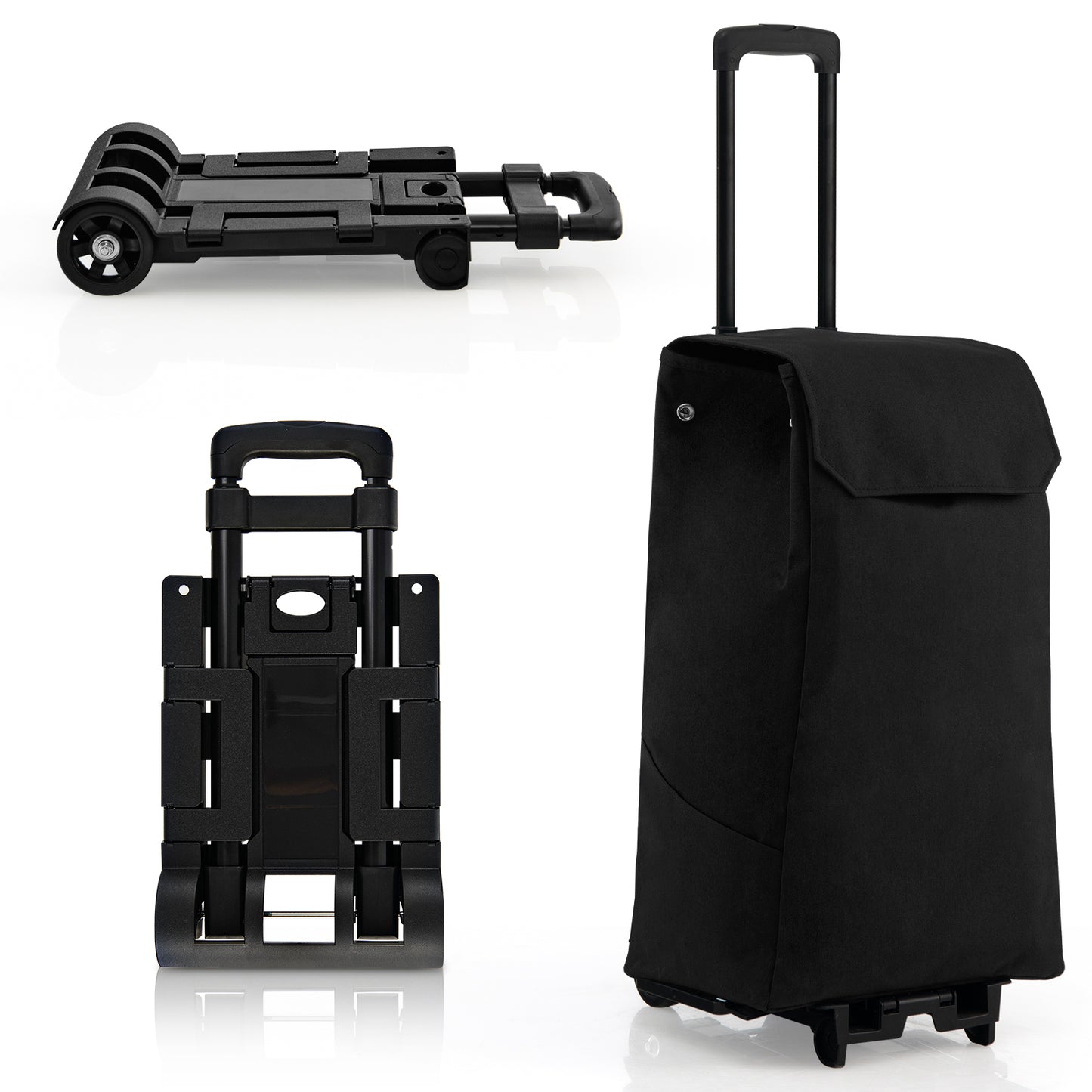 2 in 1 Foldable Shopping Trolley with Detachable Bag and Adjustable Height-Black