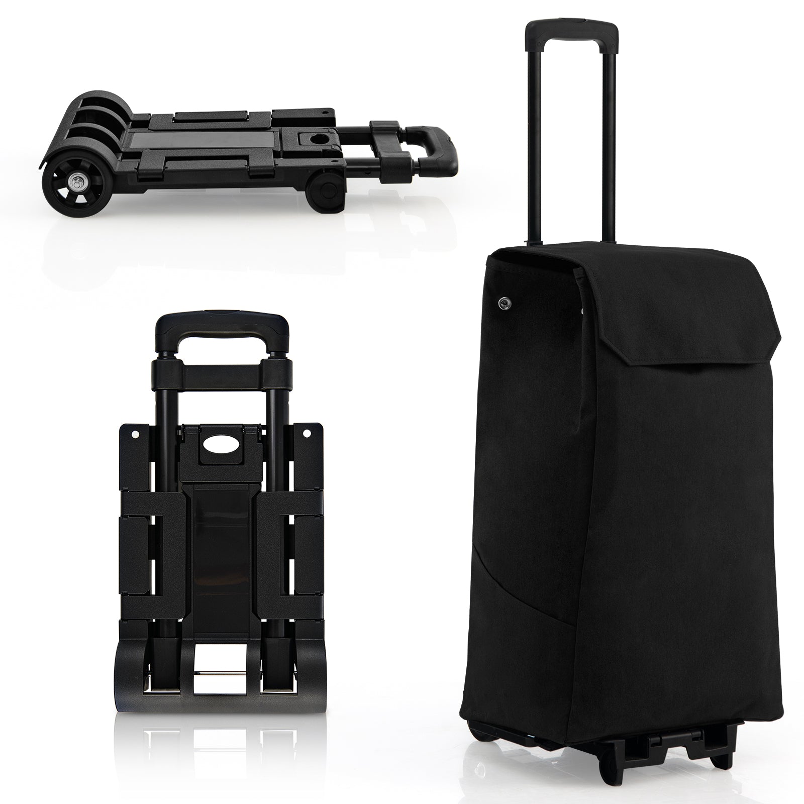 2 in 1 Foldable Shopping Trolley with Detachable Bag and Adjustable Height-Black