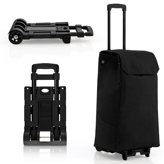 2 in 1 Foldable Shopping Trolley with Detachable Bag and Adjustable Height-Black