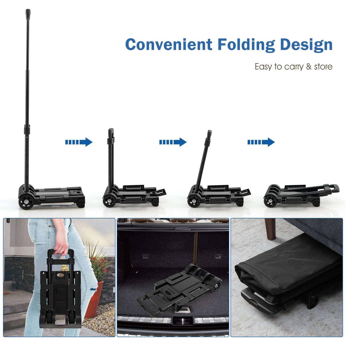 2 in 1 Foldable Shopping Trolley with Detachable Bag and Adjustable Height-Black