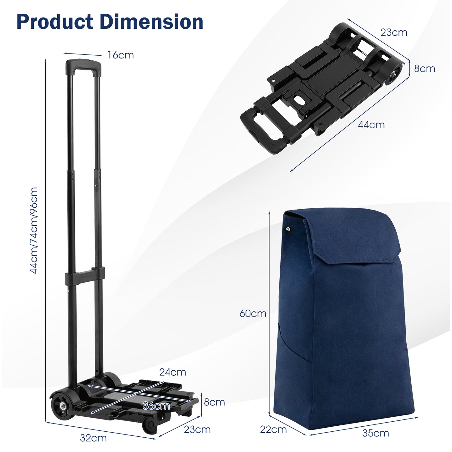 2 in 1 Foldable Shopping Trolley with Detachable Bag and Adjustable Height-Dark Blue