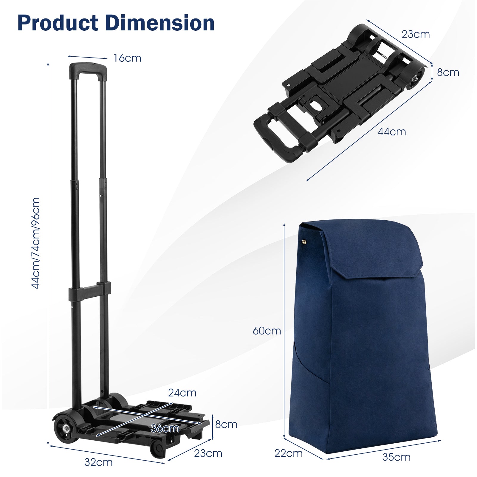 2 in 1 Foldable Shopping Trolley with Detachable Bag and Adjustable Height-Dark Blue
