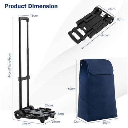 2 in 1 Foldable Shopping Trolley with Detachable Bag and Adjustable Height-Dark Blue