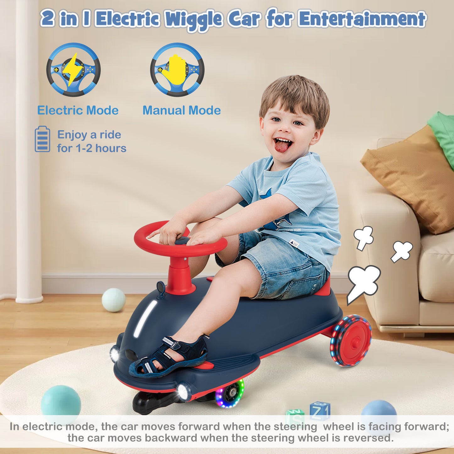 2 in 1 Kids Ride On Electric Wiggle Car with Music and Pedal-Blue