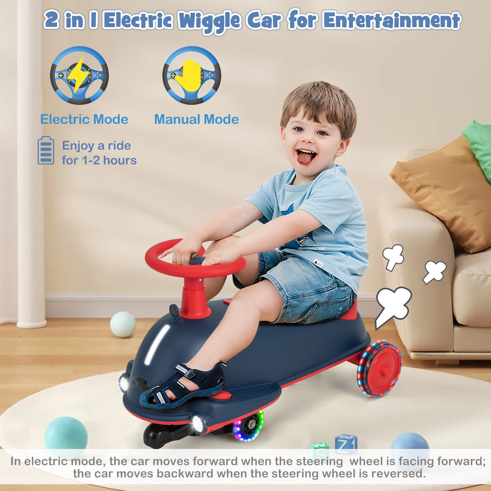 2 in 1 Kids Ride On Electric Wiggle Car with Music and Pedal-Blue