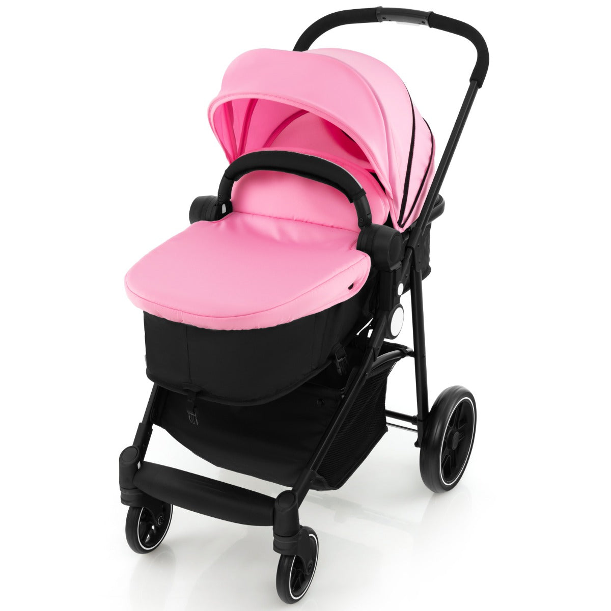 2 in 1 High Landscape Stroller with Reversible Seat and Adjustable Backrest and Canopy-Pink