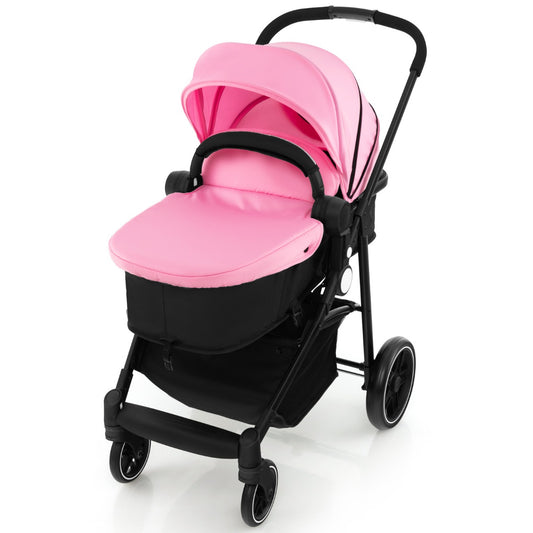 2 in 1 High Landscape Stroller with Reversible Seat and Adjustable Backrest and Canopy-Pink