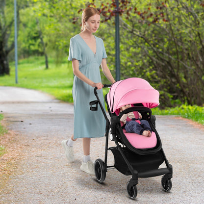 2 in 1 High Landscape Stroller with Reversible Seat and Adjustable Backrest and Canopy-Pink