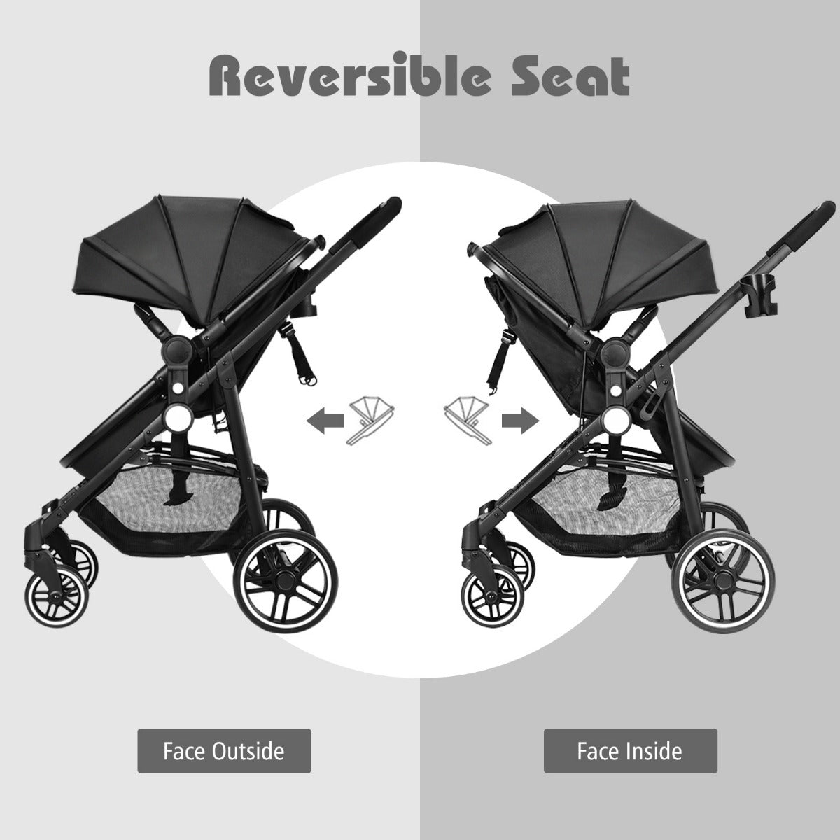 2 in 1 High Landscape Stroller with Reversible Seat and Adjustable Backrest and Canopy-Black