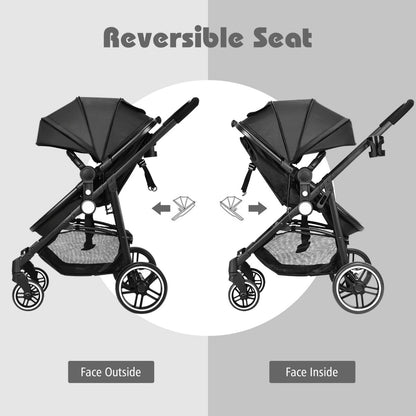 2 in 1 High Landscape Stroller with Reversible Seat and Adjustable Backrest and Canopy-Black