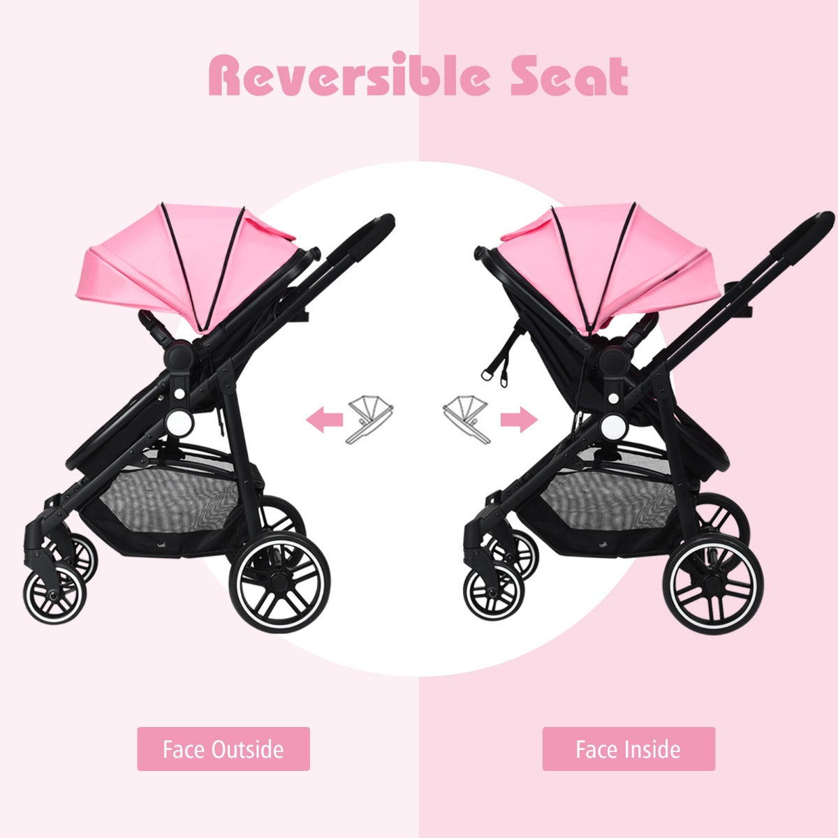 2 in 1 High Landscape Stroller with Reversible Seat and Adjustable Backrest and Canopy-Pink