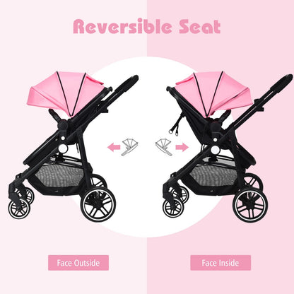 2 in 1 High Landscape Stroller with Reversible Seat and Adjustable Backrest and Canopy-Pink