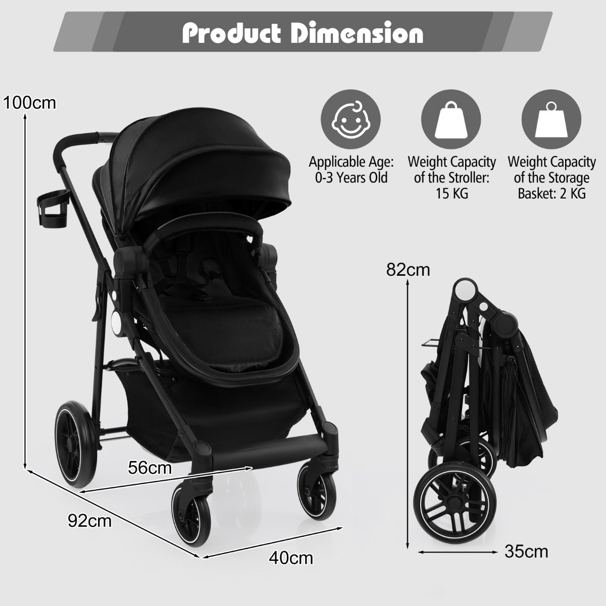 2 in 1 High Landscape Stroller with Reversible Seat and Adjustable Backrest and Canopy-Black