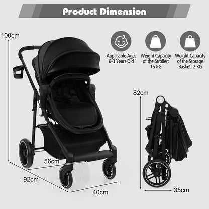 2 in 1 High Landscape Stroller with Reversible Seat and Adjustable Backrest and Canopy-Black