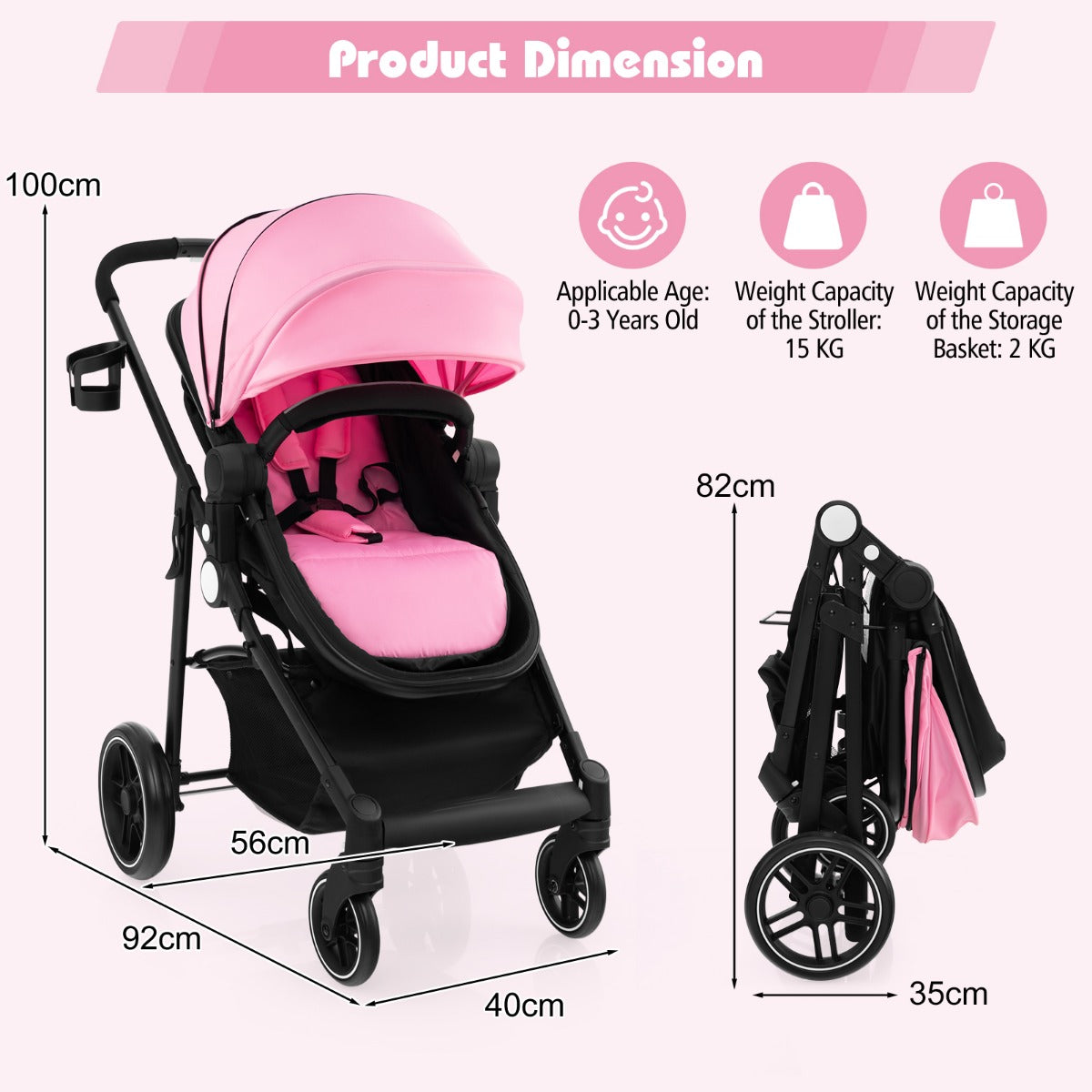 2 in 1 High Landscape Stroller with Reversible Seat and Adjustable Backrest and Canopy-Pink