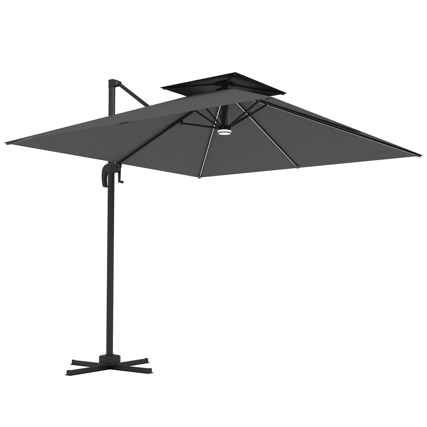 Outsunny 2.5m Cantilever Parasol with Solar Powered LED Lights, 360° Rotation, Tilt Adjustment, Crank Handle, Dark Grey