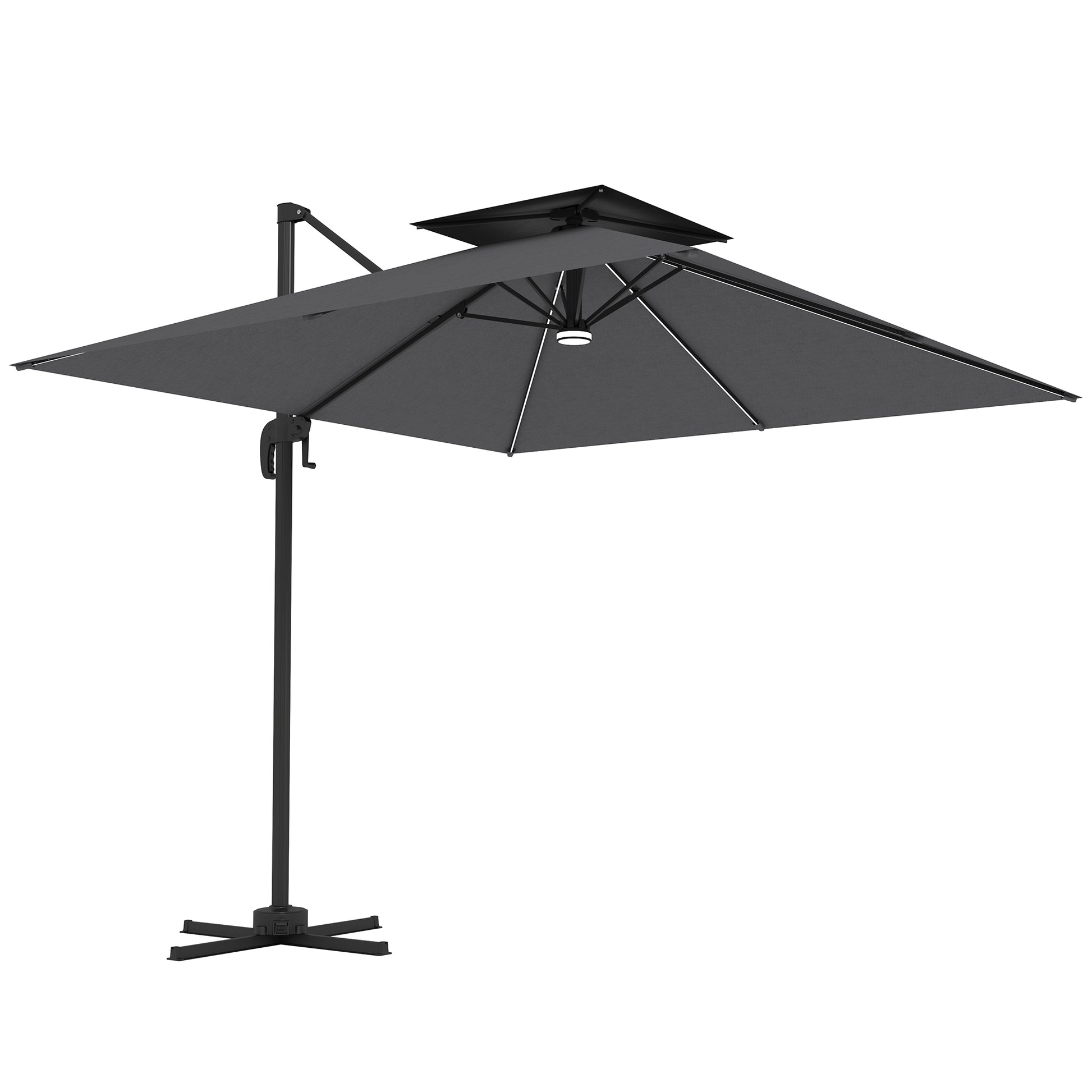 Outsunny 2.5m Cantilever Parasol with Solar Powered LED Lights, 360° Rotation, Tilt Adjustment, Crank Handle, Dark Grey
