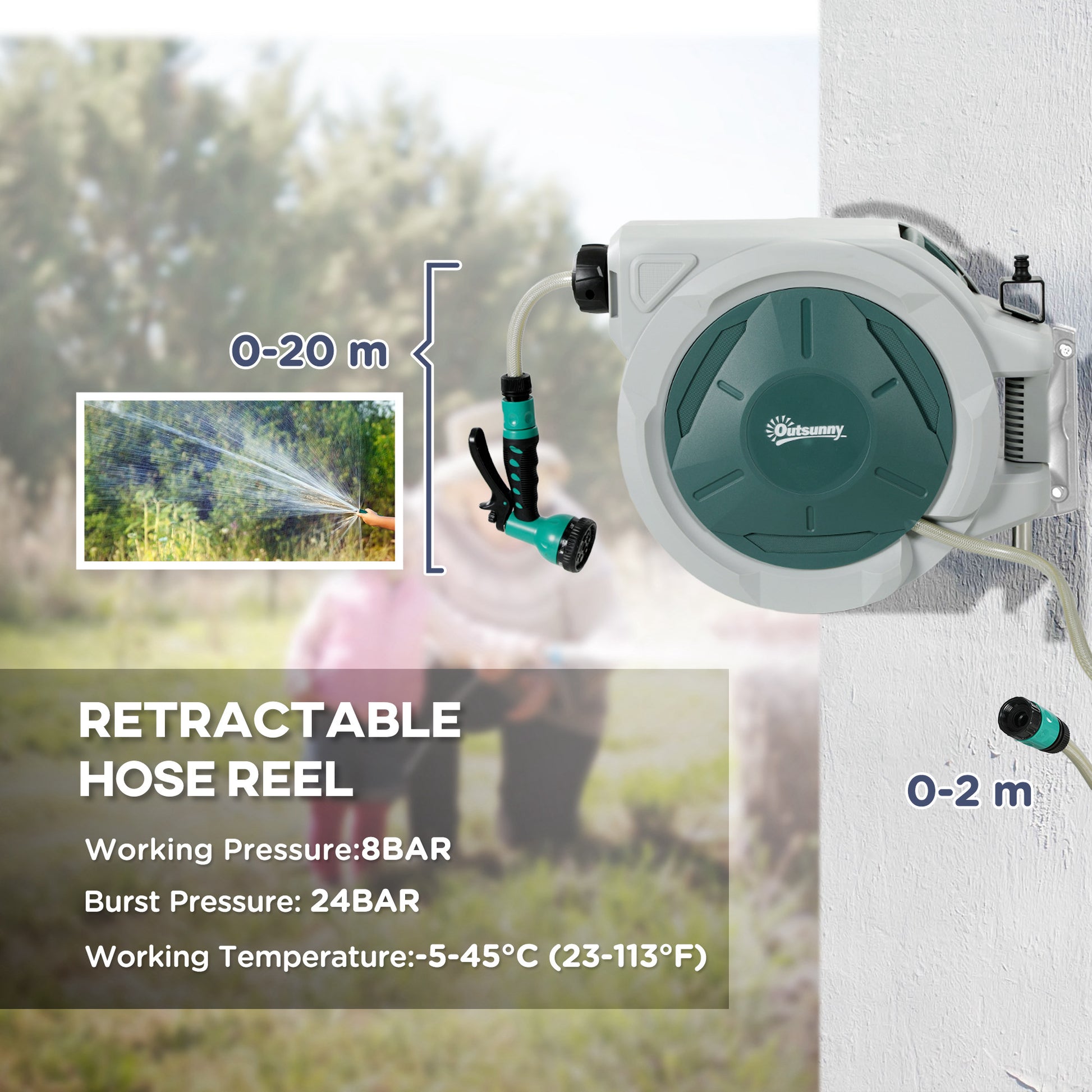 Outsunny Retractable Hose Reel Wall Mounted, 20+2m Garden Hose Pipe Reel with Lock, Auto Rewind, 7 in 1 Spray Nozzle, Includes Wall Fixings, 180° Swivel, Outdoor Watering, Light Grey