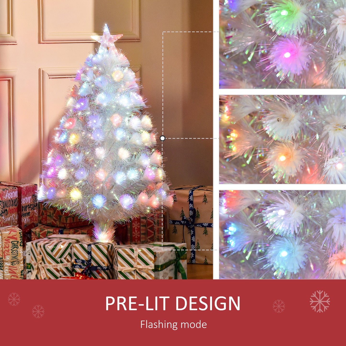 HOMCOM 3 Feet Prelit Artificial Christmas Tree with Fiber Optic LED Light, Holiday Home Xmas Decoration, White