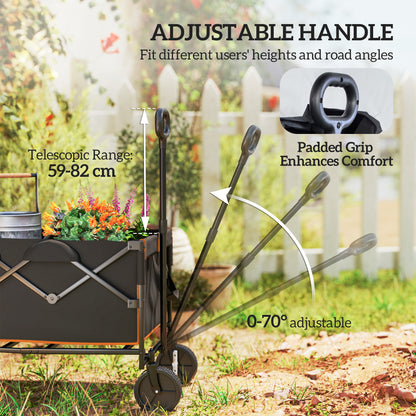 Outsunny 160L Festival Trolley on Wheels, Folding Camping Trolley Cart w/ Tailgate, 100kg Heavy Duty Garden Collapsible Folding Wagon w/Adjustable Handle, Carry Bag for Beach Picnic, Black and Orange