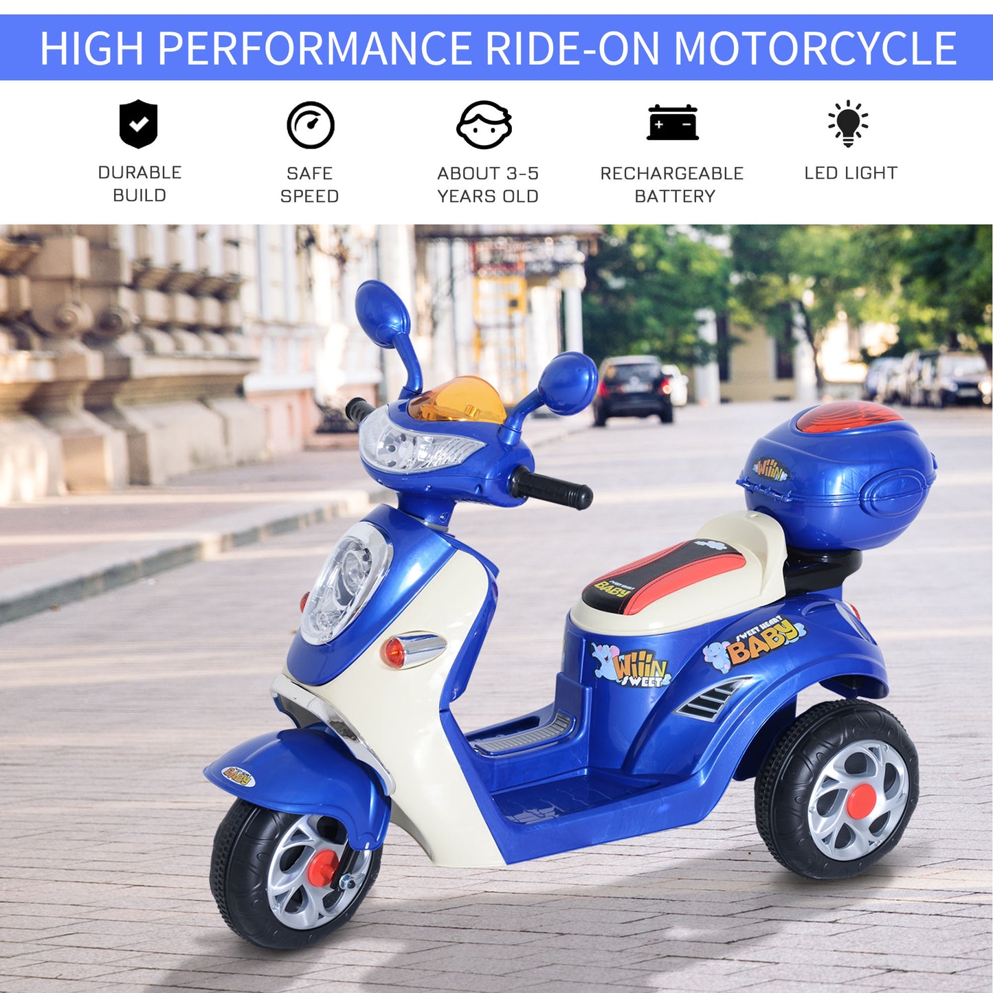 HOMCOM Electric Ride on Toy Tricycle Car-Blue
