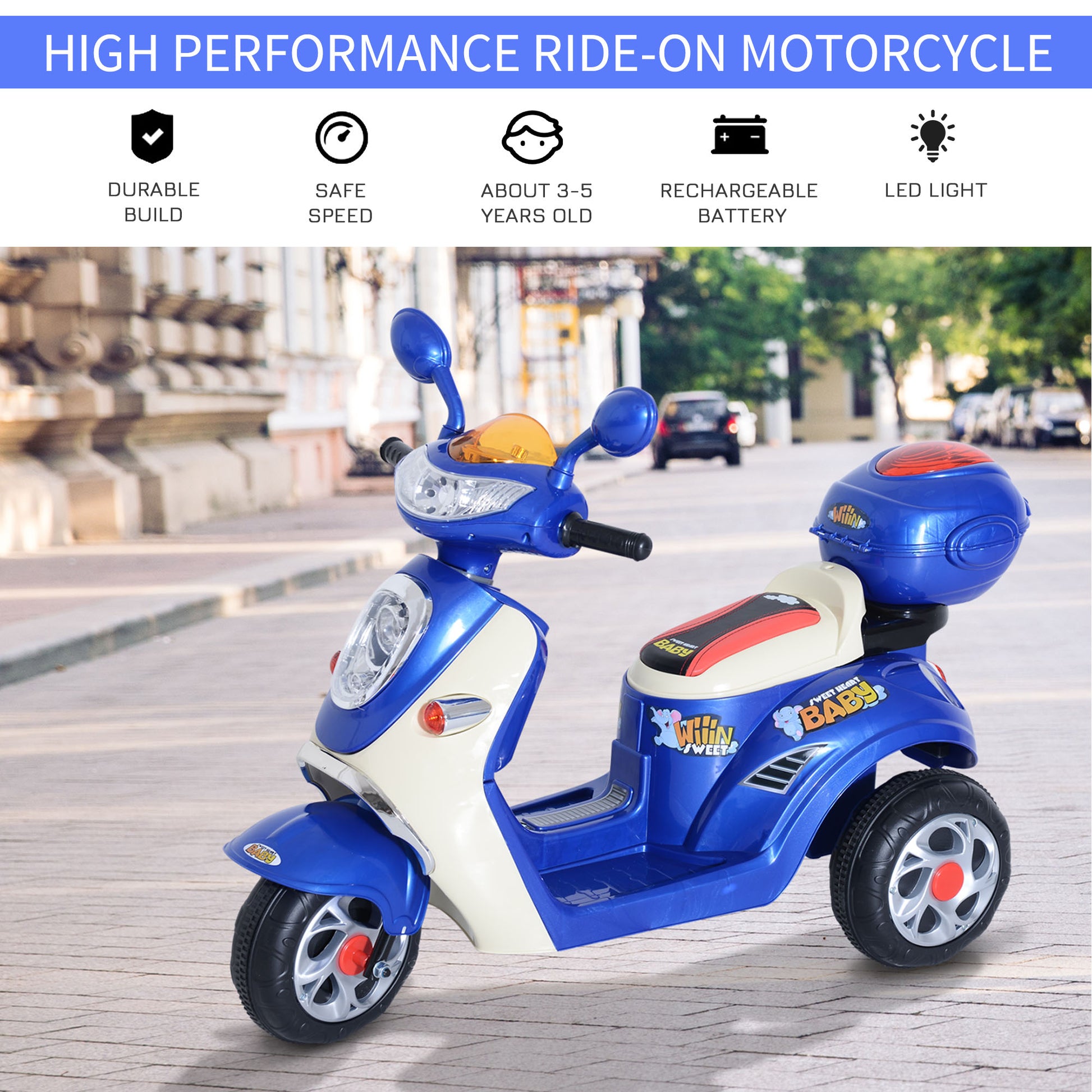 HOMCOM Electric Ride on Toy Tricycle Car-Blue