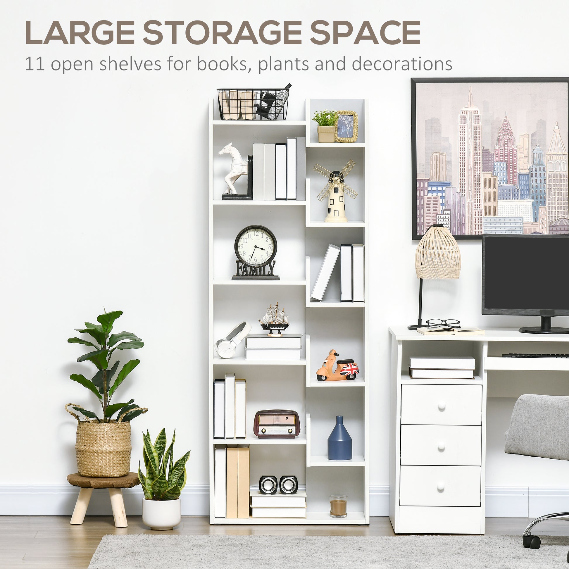 HOMCOM 6-Tier Bookshelf, Modern Bookcase with 11 Open Shelves, Freestanding Decorative Storage Shelving for Home Office and Study, White