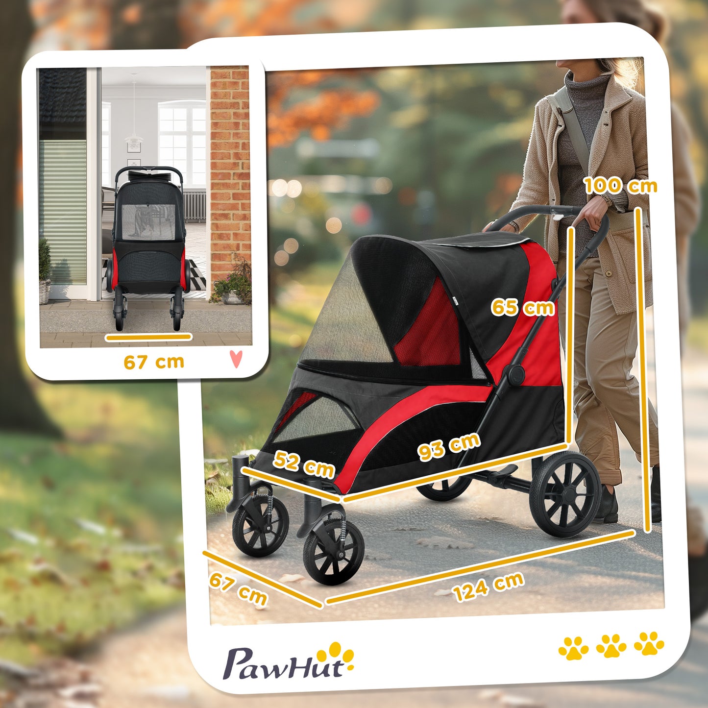 PawHut Foldable Pet Stroller for Large Dogs with Four Big Wheels, Shock-Absorbing Frame, Safety Leashes, Brakes, Red/Black