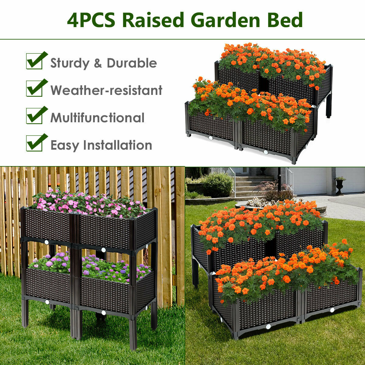 Set of 4 Raised Garden Bed with Self-Watering Disks for Planting-Brown