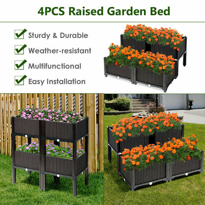 Set of 4 Raised Garden Bed with Self-Watering Disks for Planting-Brown