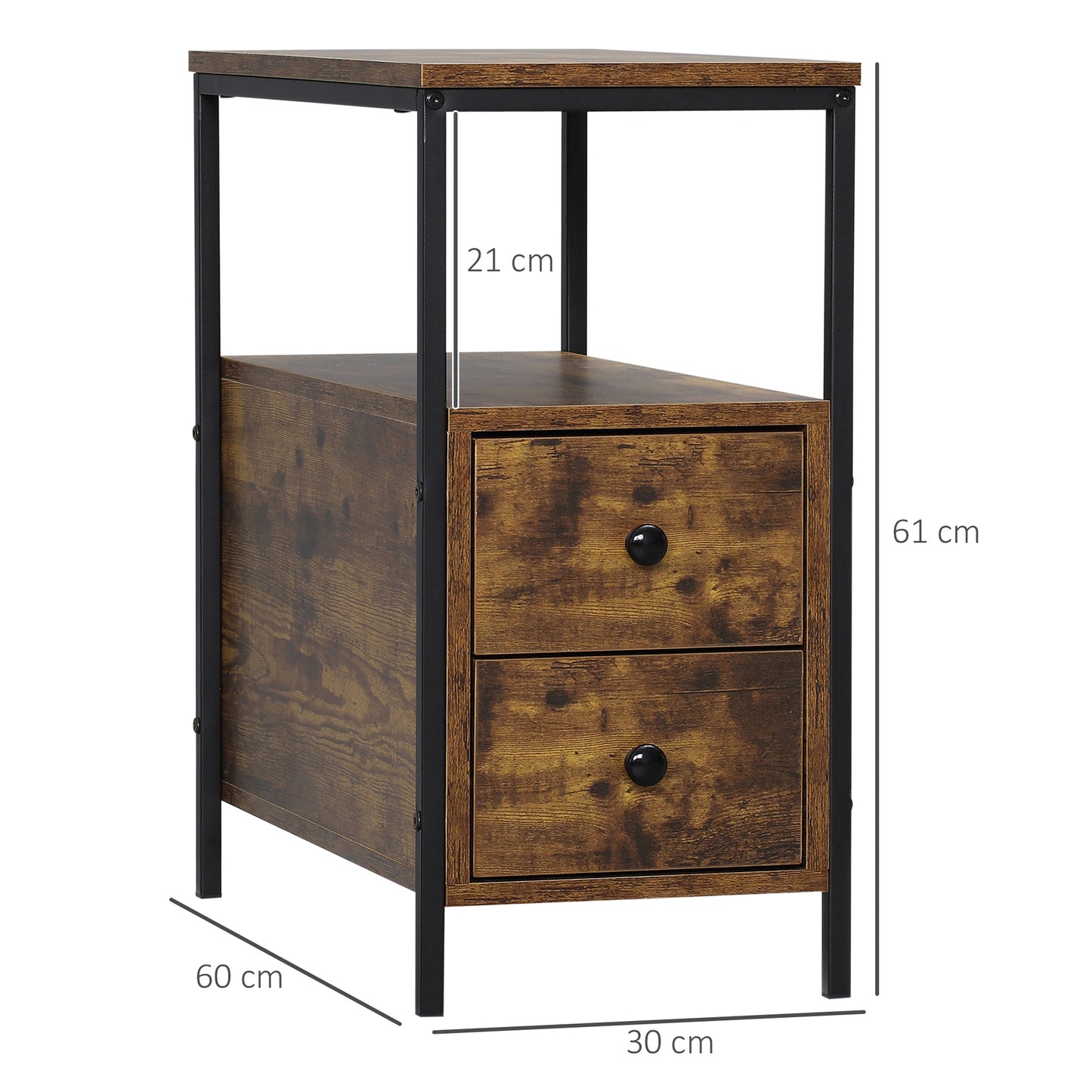 HOMCOM Side Table with 2 Drawers and Storage Shelf, Narrow End Table Bedside Table with Metal Frame for Small Spaces, Rustic Brown