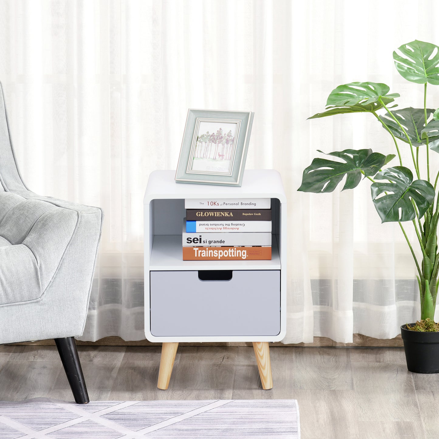 HOMCOM Scandinavian Style Bedside Table, 40Lx38Wx58H cm-White/Grey/Natural Wood Colour