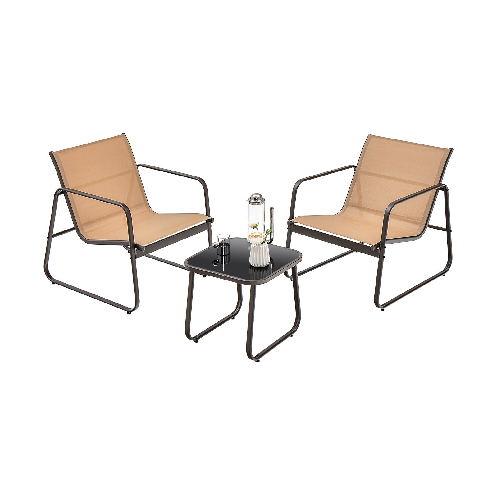 3 Pieces Patio Conversation Set with Breathable Fabric and Tempered Glass Tabletop-Brown