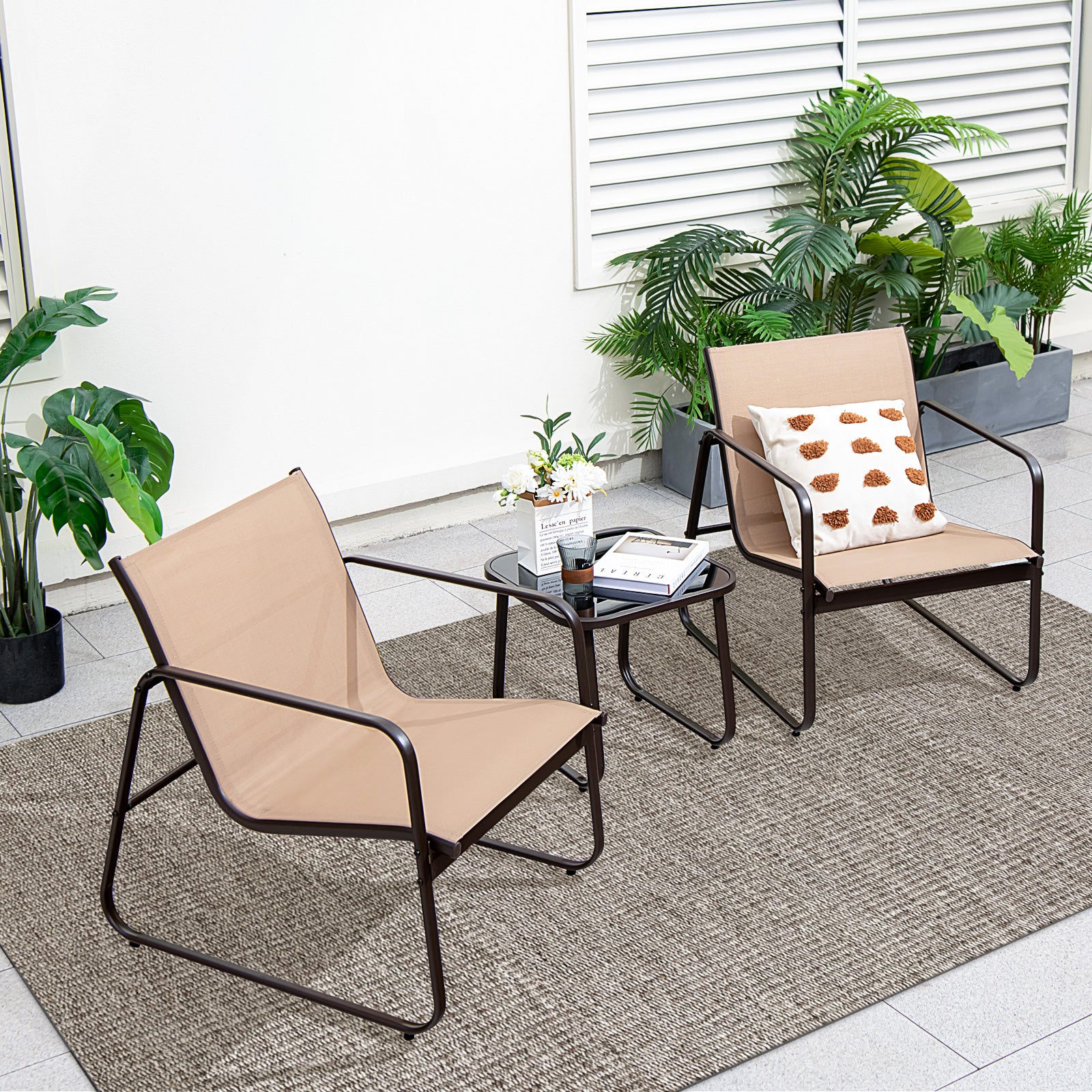 3 Pieces Patio Conversation Set with Breathable Fabric and Tempered Glass Tabletop-Brown
