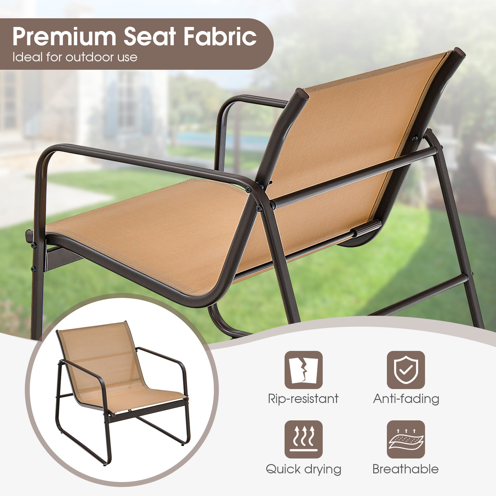 3 Pieces Patio Conversation Set with Breathable Fabric and Tempered Glass Tabletop-Brown