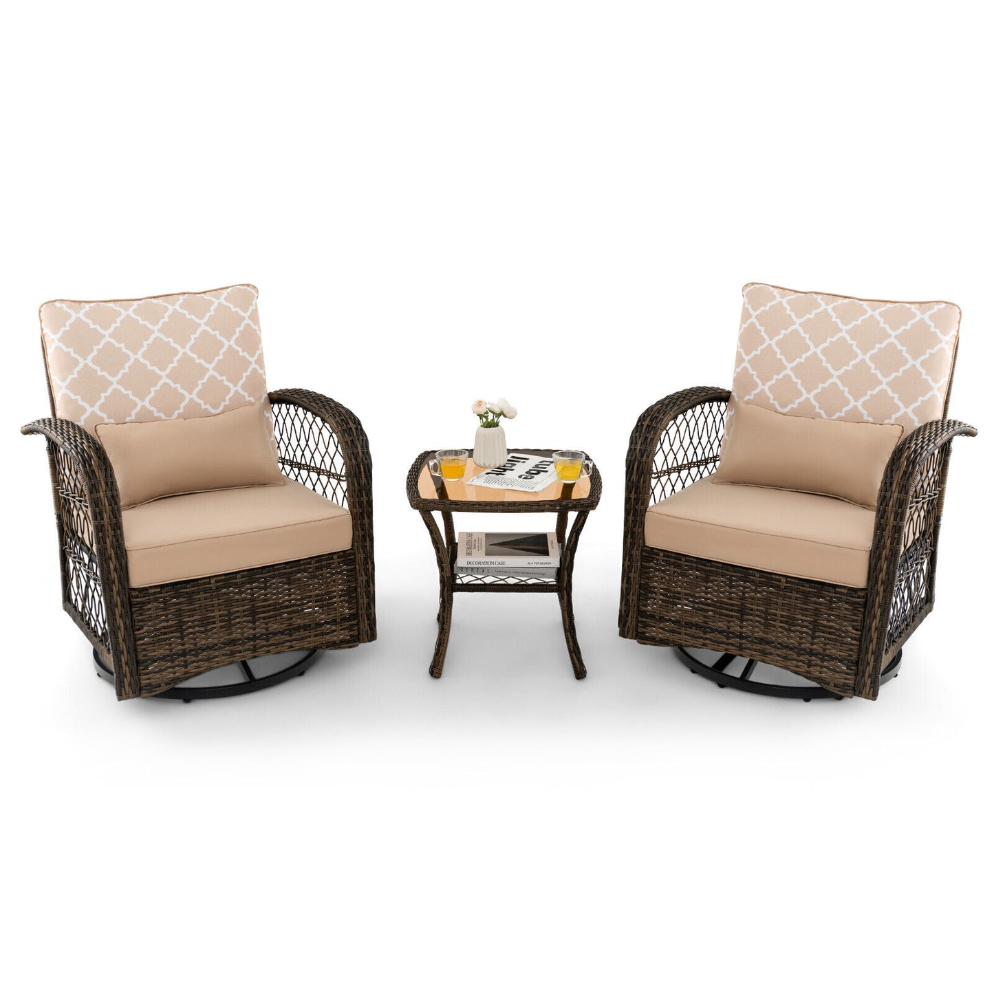 3-Piece Patio Wicker Swivel Rocker Set with Tempered Glass Coffee Table-Beige