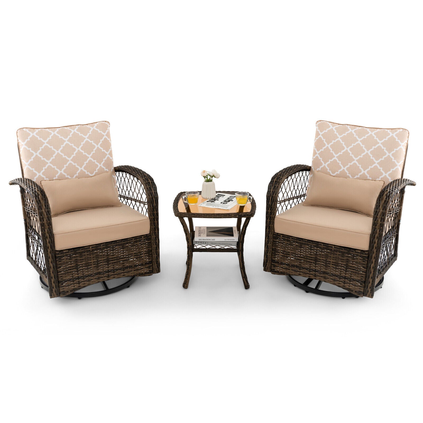 3-Piece Patio Wicker Swivel Rocker Set with Tempered Glass Coffee Table-Beige