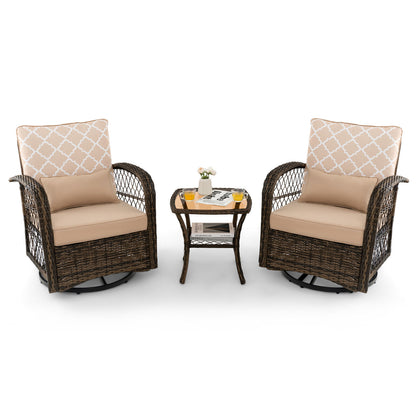3-Piece Patio Wicker Swivel Rocker Set with Tempered Glass Coffee Table-Beige