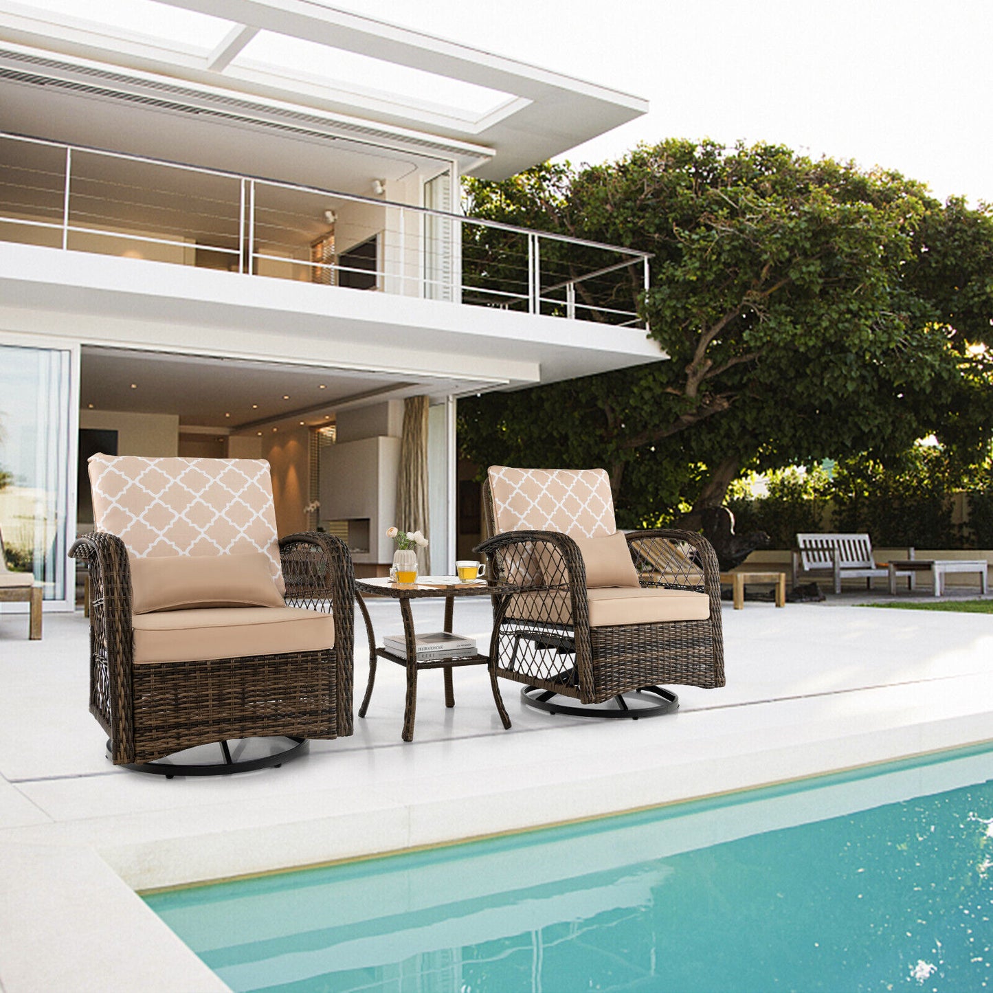 3-Piece Patio Wicker Swivel Rocker Set with Tempered Glass Coffee Table-Beige